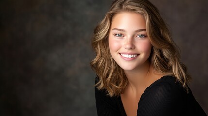 Portret uśmiechniętej kobiety z blond falami, na neutralnym tle, naturalne piękno i promienny uśmiech.