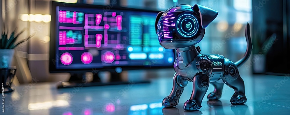 Poster Pet ai idea. Futuristic robot dog with neon lights and advanced technology in a modern workspace.