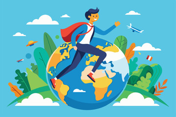A lively character runs atop the globe, embracing adventure surrounded by clouds and greenery Flying around the world Customizable Semi Flat Illustration