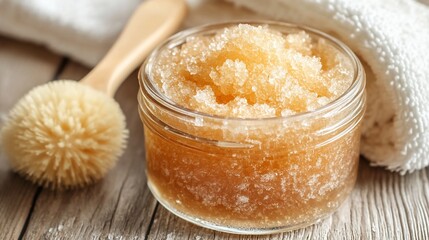 Honey sugar scrub jar, wooden table, body brush, towel, spa treatment