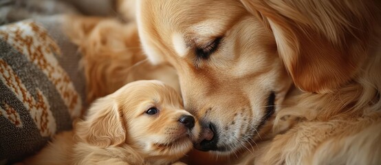 Pet parenting concept. A heartwarming moment of a golden retriever and its adorable puppy cuddling together.