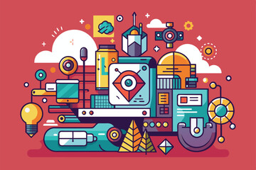 A vibrant illustration showcasing an abstract technology theme with multiple digital components Focus Customizable Disproportionate Illustration