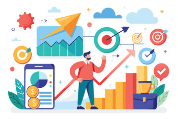 A business professional reviews growth metrics and strategies for achieving goals in a colorful office backdrop Focus on business goals, trending