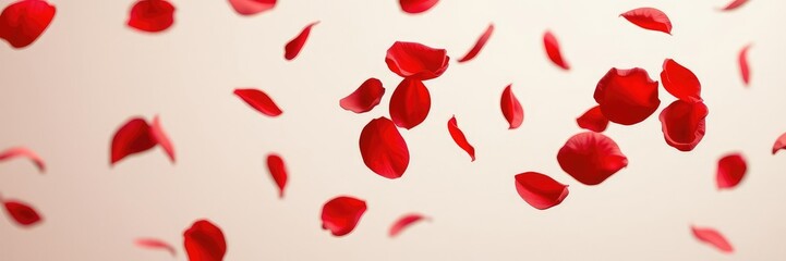 A cluster of red rose petals float upwards, their edges fluttering as they soar into the atmosphere, flying, serene, aerial