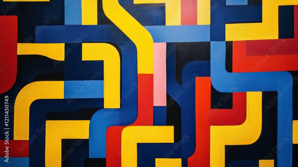 Poster abstract geometric painting with vibrant colors; red, yellow, blue, and black shapes creating a comp