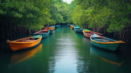 Obraz premium Colorful boats in mangrove tunnel, tranquil lagoon