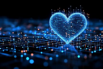 A glowing blue heart, a digital representation of love and connection, emerges from a network of lights, symbolizing the power of technology to bring people together
