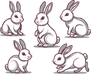 Minimal Bunny Line Art: Cute Rabbit Sketch Vector in Various Poses