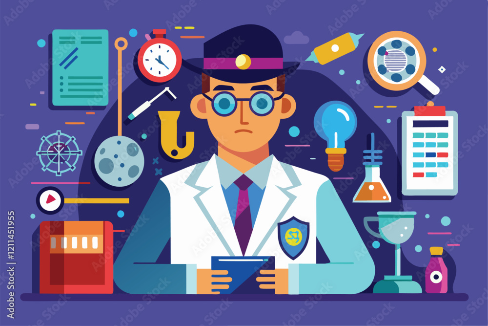 Poster a forensic expert analyses evidence while utilizing various laboratory tools and resources for inves