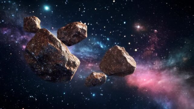 Floating asteroids drift through colorful cosmic nebula in deep space exploration
