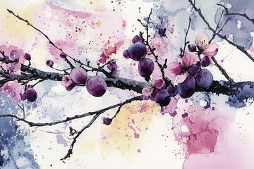 Delicate Plum Trees Bloom With Expressive Flowers and Fruits in a Loose Watercolor Style