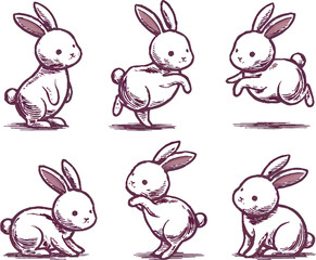 Minimal Bunny Line Art: Cute Rabbit Sketch Vector in Various Poses