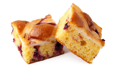 Homemade berry cake squares displayed on a white background with a light texture and rich glaze