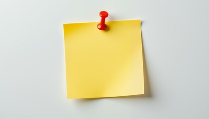 Yellow Sticky Note with Red Push Pin on White Background