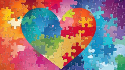 Heart with puzzle-piece designs: A colorful heart composed of interlocking puzzle pieces in various bright shades, symbolizing connection and completeness.