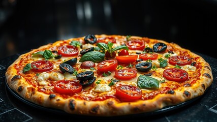 Delicious Assorted Pizza on Giant Black Pizza - Gourmet Food Photography