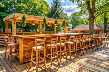 Obraz premium A large wooden bar dominates a sunny outdoor beer garden with multiple high-backed chairs, outdoor furniture, bartender counter