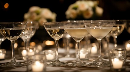 Champagne flutes, candlelit reception, floral background, celebratory event