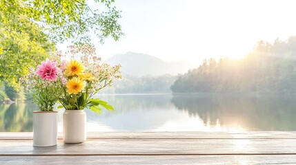 Lakeside flowers sunrise peaceful morning