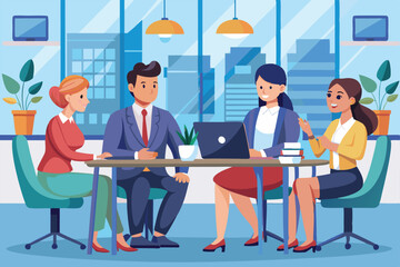 Four businesspeople discuss strategies while seated around a table in a contemporary office setting Four of business people during meeting in office