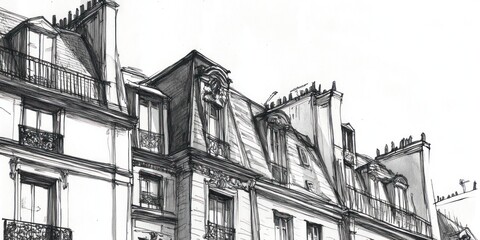 Parisian Building Architectural Sketch Ink Drawing
