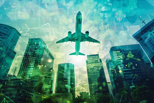 Airplane Flying Above Cityscape with Futuristic Green Overlay