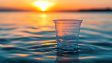 A single-use plastic cup floats in calm ocean water at sunset.