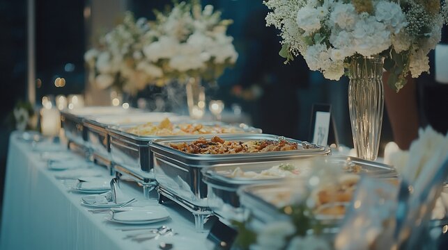 Elegant buffet dinner, outdoor event, food, flowers, night