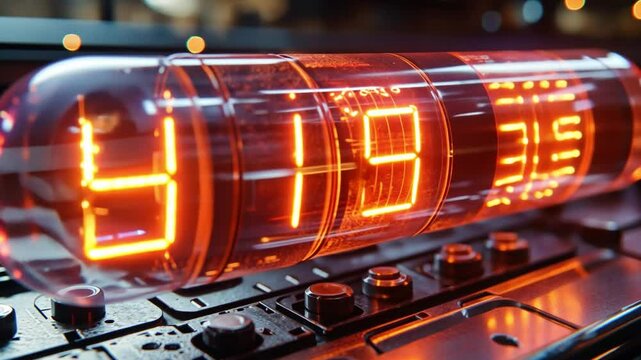 Nixie Tube Clock:  Close-up of a glowing Nixie tube clock displaying the time.  The vibrant orange-red digits contrast sharply against the clear glass tube and dark background.