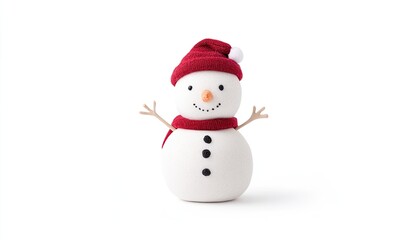 Fototapeta premium Cheerful snowman wearing a red hat and scarf, standing on a white background, evoking winter joy
