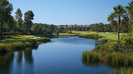 Serene Golf Course Landscape: Picturesque Water Feature and Lush Greenery