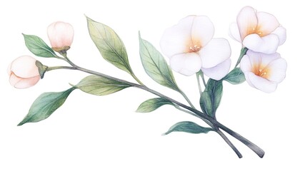 Delicate watercolor illustration of blooming flowers and buds with soft green leaves on a white background