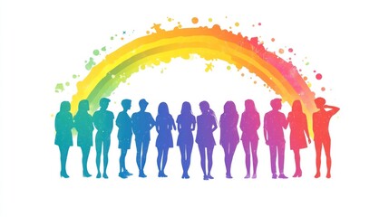 Obraz premium LGBTQ silhouettes standing under a rainbow arch, symbolizing acceptance and pride, in a colorful vector style on a white background.
