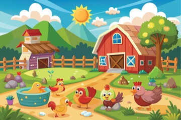Naklejka premium Colorful chickens roam freely on a cheerful farm under a bright sun in a picturesque landscape Free range chicken farm Customizable Cartoon Illustration