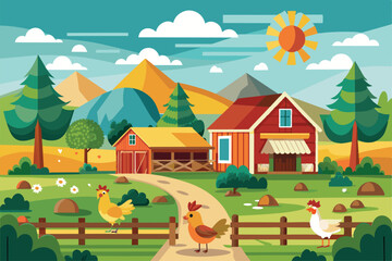 Chickens roam freely around a colorful farm with mountains and a clear blue sky Free range chicken farm Customizable Disproportionate Illustration