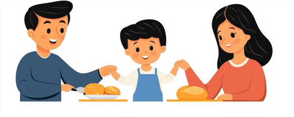 A happy family enjoys a meal together, sharing bread and smiles, highlighting love and togetherness in a warm, inviting atmosphere.