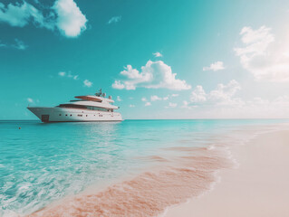 Fototapeta premium Luxury yacht anchored near a pristine beach with turquoise water.