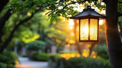A serene lantern glows softly amid trees, casting warm light in a peaceful garden during sunset.