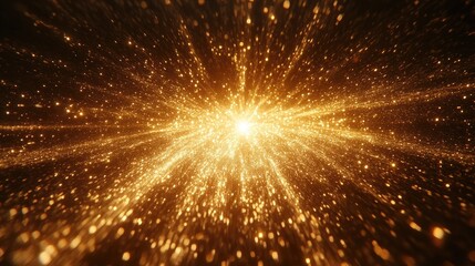Explosive golden light particles burst in all directions on a dark brown background, featuring glowing sparkles for a festive aura, high-resolution 3D rendering with grainy texture.