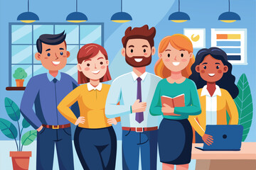 Obraz premium The team expresses excitement and friendliness towards a new member in a vibrant office environment Friendly team happy to see newcomer, good relationship in company office,