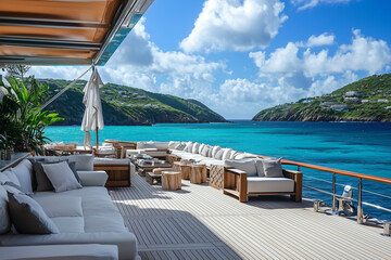 Luxury yacht deck with lounge furniture overlooking turquoise water and lush hills.