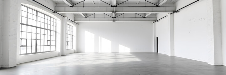Empty white loft room with concrete floor and large windowю Warehouse premises