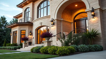Naklejka premium Luxury House Exterior at Dusk: Modern Architecture, Landscaping, and Elegant Design