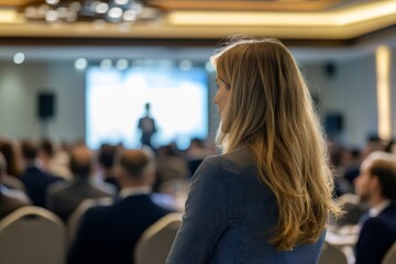Business and entrepreneurship symposium. Female speaker giving a talk at business meeting. Audience in conference 
