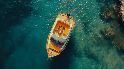 Aerial view of a motorboat with an orange deck floating on clear water.