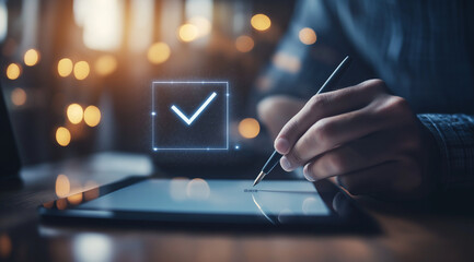 person working on a laptop, Digital Workflow with Stylus on Tablet and Holographic Checkmark in a Professional Setting