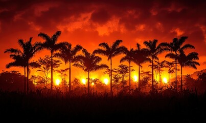 Fiery sunset silhouettes palm trees, tropical scene.