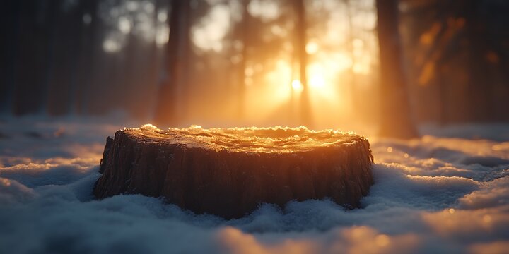 Sunset illuminating a snow-covered tree stump in a winter forest.