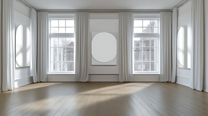 Minimalist Room Design With Large Windows and Blank Artwork