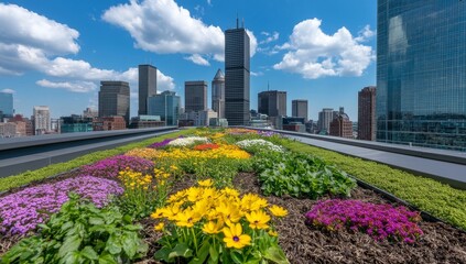 Fototapeta premium Green Roof Garden Overlooking City Skyline